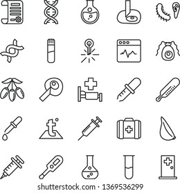 thin line vector icon set - electronic thermometer vector e, mercury, medical bag, temperature, cardiogram, garlic, goji berry, round flask, research article, test tube, dna, bactery, pipette, room