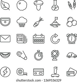 thin line vector icon set - stopwatch vector, clockwise, open pin, cloud, measuring tape, sink, alarm clock, globe, fried vegetables on sticks, mushroom, cabbage, blueberries, water melon slice