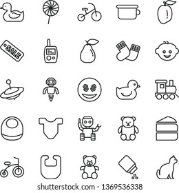thin line vector icon set - baby powder vector, bib, Child T shirt, rubber duck, duckling, warm socks, toy mobile phone, children's potty, teddy bear, small, hairdo, train, yule, bicycle, tricycle