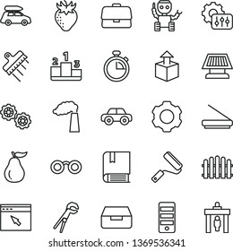 thin line vector icon set - stopwatch vector, motor vehicle, e, gears, adjustable wrench, new roller, spatula, hedge, drawer, pedestal, unpacking, strawberry, ripe guava, manufacture, briefcase