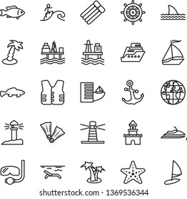 thin line vector icon set - anchor vector, small fish, sea port, commercial seaport, lighthouse, coastal, planet, sand castle, sail boat, hotel, beach, palm tree, starfish, flippers, diving mask