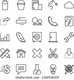 thin line vector icon set - house vector, image of thought, scissors, minus, cross, dollar, bucket, ntrance door, writing accessories, dangers, knife, bulb, strongbox, move down, right, slice melon