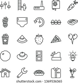 thin line vector icon set - house vector, hat, diaper, colored air balloons, saving light bulb, interroom door, folded shirt, bundle of eggs, piece pizza, apple pie, chop, cabbage, cup popcorn