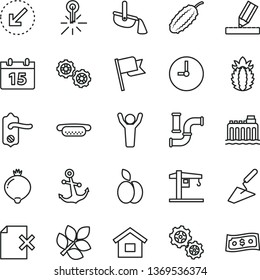 thin line vector icon set - crane vector, dwelling, gears, trowel, door knob, drawing, wall clock, calendar, left bottom arrow, anchor, flag, delete page, mini hot dog, apple, medlar, ripe pineapple