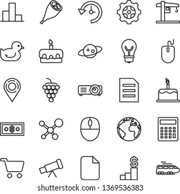thin line vector icon set - sign of the planet vector, calculator, bar chart, baby duckling, crane, bulb, cake, torte, grill chicken leg, large grape, gear, shopping cart, location, mouse, projector