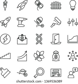 thin line vector icon set - garden trolley vector, concrete mixer, drill, paint roller, bulb, hawser, putty knife, hedge, zoom, dna, settings, growth graph, rocket, biology, patente, flame torch