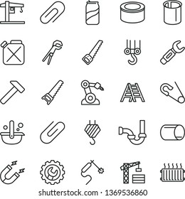 thin line vector icon set - clip vector, open pin, crane, tower, hook, winch, adjustable wrench, hand saw, arm, ladder, sewerage, gear, hammer, canned goods, soda can, canister, magnet, pipe, pipes