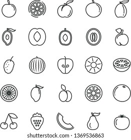 thin line vector icon set - strawberry vector, apple, cherry, peach, ripe, tasty, mulberry, water melon, slice of, mango, half, loquat, delicious plum, tangerine, juicy lemon, orange, pineapple