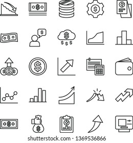 thin line vector icon set - growth up vector, bar chart, graph, calculation, column of coins, recession, a crisis, statistical overview, dollar, wallet, cash, research, money bag hand, arrow, rain