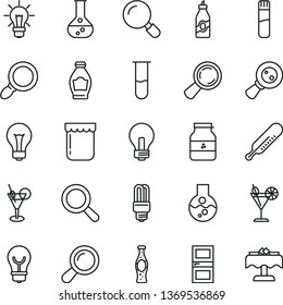 thin line vector icon set - matte light bulb vector, incandescent lamp, magnifier, mercury thermometer, interroom door, cocktail, bottle of soda, jam, jar, liquor, flask, magnifying glass, test tube