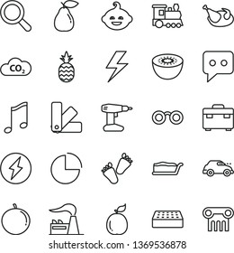 thin line vector icon set - lightning vector, magnifier, pie chart, funny hairdo, children's tracks, drill, color samples, suitcase, brick, music, cake slice, chicken, a pineapple, pear, tangerine