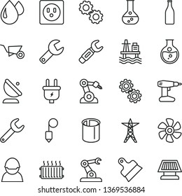 thin line vector icon set - repair key vector, building trolley, drill, plummet, putty knife, sea port, marine propeller, round flask, power line, plug, socket, racer, drop, pipes, satellite antenna