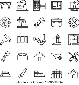 thin line vector icon set - brick wall vector, building trolley, window frame, small tools, adjustable wrench, arm saw, paint roller, suitcase, sewerage, laying out, lay of flat, city block, gear