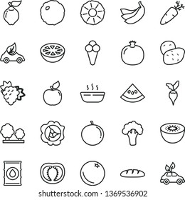 thin line vector icon set - loaf vector, hot porridge, cabbage, carrot, cone, orange, pomegranate, branch of grape, squash, quince, apricot, tangerine, bananas, kiwi, slice pineapple, water melon