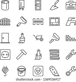 thin line vector icon set - brick wall vector, hook, building trolley, trowel, paint bucket, new roller, plastic brush, wooden, portfolio, lay out of flat, power socket type b, f, ntrance door