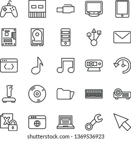 thin line vector icon set - laptop vector, tablet pc, encrypting, keyboard, tower, motherboard, monitor, web camera, hdd, usb, cd, browser, folder, coding, lan connector, projector, note, joystick