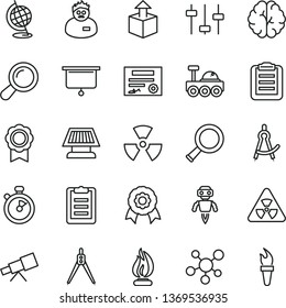 thin line vector icon set - unpacking vector, telescope, molecule, nuclear, zoom, brain, settings, globe, flame, scientist, clipboard, drawing compass, medal, robot, sun panel, lunar rover, patente