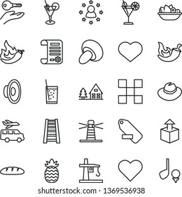 thin line vector icon set - heart symbol vector, hat, loudspeaker, remove label, stepladder, tile, unpacking, loaf, porcini, a plate of fruit, chili, glass soda, cocktail, pineapple, hot pepper