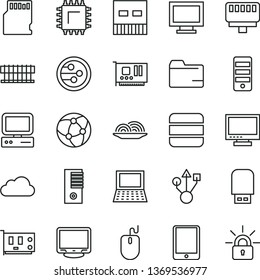 thin line vector icon set - monitor vector, window, folder, onion, smd, computer, tablet pc, notebook, radiator fan, mouse, tower, card, usb, flash, network, lan connector, sd, big data, cloud