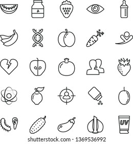thin line vector icon set - women vector, measuring bottle for feeding, baby powder, broken heart, eye, cucumber, jar of jam, strawberry, apple, pomegranate, quince, tasty, water melon slice, garlic
