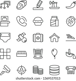thin line vector icon set - cradle vector, toys over the cot, diaper, medical bag, balloon, paint roller, drawing, tile, brick, package, cake, sushi, strawberries, red pepper, oil derrick, coins