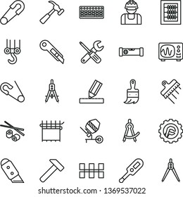 thin line vector icon set - new abacus vector, safety pin, open, electronic thermometer e, winch hook, concrete mixer, small tools, wooden paint brush, construction level, drawing, ceramic tiles