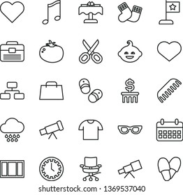thin line vector icon set - heart symbol vector, scissors, clock face, comb, cloud, warm socks, funny hairdo, child shoes, window frame, portfolio, music, flowchart, T shirt, tomato, calendar, chair