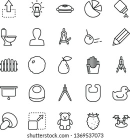 thin line vector icon set - woman vector, baby powder, bib, duckling, small teddy bear, toilet, hedge, core, expand picture, move up, porcini, pie, cabbage, fried potato slices, pear, pencil, charts