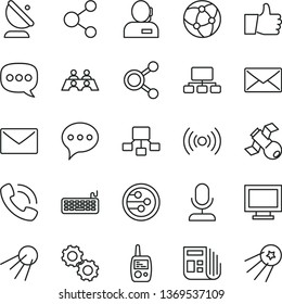 thin line vector icon set - monitor window vector, toy mobile phone, envelope, speech, thumb up, artificial satellite, antenna, connection, connections, scheme, hierarchical, dispatcher, call, mail