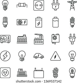 thin line vector icon set - matte light bulb vector, incandescent lamp, saving, power socket type b, charge level, charging battery, accumulator, hydroelectric station, hydroelectricity, pole, plug
