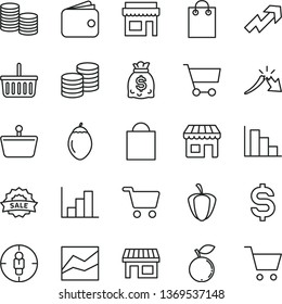 thin line vector icon set - paper bag vector, grocery basket, growth up, line chart, negative histogram, positive, coins, blueberry, tamarillo, ripe pepper, kiosk, stall, shopping cart, goal woman