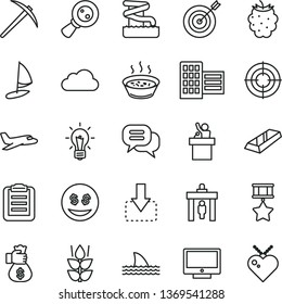 thin line vector icon set - city block vector, screen, move down, porridge in a saucepan, mint, blackberry, magnifying glass, cloud, bulb, clipboard, target, hero medal, mine axe, gold bar, aim