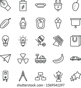 thin line vector icon set - concrete mixer vector, boiler, bulb, flowchart, bag with handles, mini hot dog, cone, sandwich, bottle, tasty mulberry, banana, cucumber, charging battery, plug, nuclear