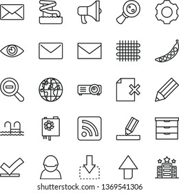 thin line vector icon set - envelope vector, upward direction, zoom out, rss feed, storage unit, drawing, eye, delete page, megaphone, move down, peas, racer, weaving, magnifying glass, planet, mail