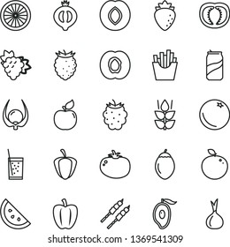 thin line vector icon set - barbecue vector, tomato, French fries, a glass of soda, can, orange slice, mint, half apricot, branch grape, plum, raspberry, medlar, blackberry, tasty, mango, tamarillo