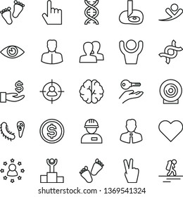 thin line vector icon set - women vector, footprints, children's tracks, workman, employee, heart, index finger, eye, lens, woman, man in sight, dollar, get a wage, dna, brain, bactery, arm with key