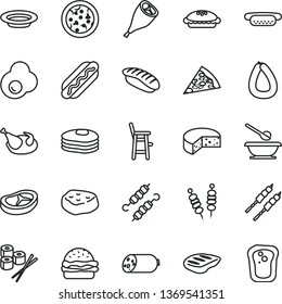 thin line vector icon set - plates and spoons vector, a chair for feeding child, sausage, stick of, cheese, fried vegetables on sticks, pizza, piece, Hot Dog, mini, burger, pie, plate, chicken, chop
