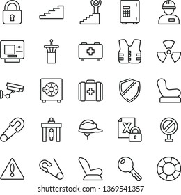 thin line vector icon set - warning vector, prohibition, Baby chair, car child seat, safety pin, open, bag of a paramedic, medical, workman, helmet, lock, key, strongbox, encrypting, nuclear, winner