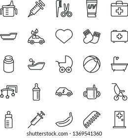 thin line vector icon set - heart symbol vector, first aid kit, toys over the cot, mug for feeding, measuring cup, bottle, powder, baby stroller, summer, bath ball, children's bathroom, comb, banana