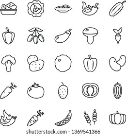 thin line vector icon set - fried vegetables on sticks vector, slices of onion, mushroom, lettuce in a plate, cabbage, tomato, chili, carrot, squash, mulberry, goji berry, sweet date fruit, half