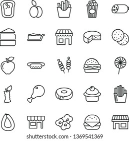 thin line vector icon set - kiosk vector, sausage, stick of, cheese, fried vegetables on sticks, mini hot dog, big burger, muffin, piece cake, slice, with a hole, chicken leg, lollipop, French fries