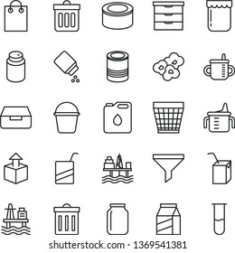 thin line vector icon set - wicker pot vector, bin, storage unit, mug for feeding, measuring cup, powder, baby, e, packing of juice with a straw, bucket, dust, drawer, package, unpacking, tin, jam