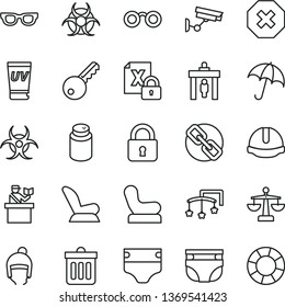 thin line vector icon set - mark of injury vector, spectacles, scales, toys over the cot, diaper, nappy, powder, Baby chair, car child seat, winter hat, construction helmet, dust bin, lock, umbrella