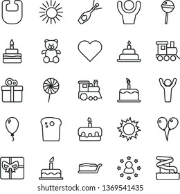 thin line vector icon set - bib vector, teddy bear, baby toy train, children's, colored air balloons, balloon, cake, birthday, heart, gift, Easter, slice, torte, Chupa Chups, lollipop, giftbox, sun