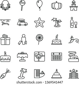 thin line vector icon set - balloon vector, cake, birthday, gift, torte, Chupa Chups, lollipop, pumpkin, wall calendar, giftbox, sand castle, wine, champagne, car baggage, passenger, hotel, beach