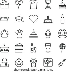 thin line vector icon set - colored air balloons vector, cake, birthday, heart, gift, square academic hat, Easter, muffin, piece of, slice, torte, lollipop, glass, bottle, giftbox, gold cup, star