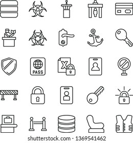 thin line vector icon set - prohibition vector, Baby chair, door knob, road fence, lock, key, anchor, passport, reverse side of a bank card, encrypting, big data, biohazard, airport tower, identity