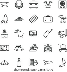 thin line vector icon set - suitcase vector, passport, sand castle, plane, car baggage, camper, passenger, rolling, ticket, case, hotel, tent, beach, arnchair under umbrella, palm tree, diving mask