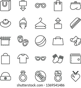 thin line vector icon set - paper bag vector, purse, spectacles, hat, bath ball, comb, warm socks, Knitted, shoes for little children, winter, with handles, T shirt, hanger, cloth industry, hand