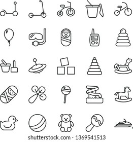 thin line vector icon set - beanbag vector, baby rattle, duckling, bath ball, stacking rings, toy, roly poly doll, tumbler, mobile phone, sand set, children's, small teddy bear, yule, rocking horse